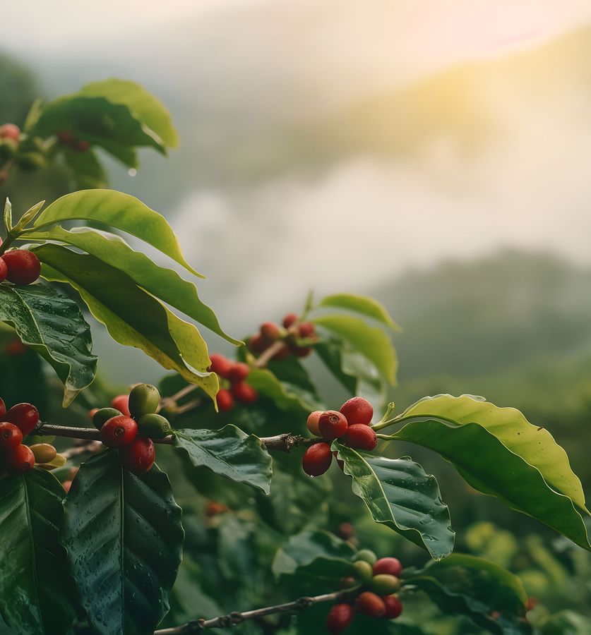Coffee beans on a tree with a sunrise in the background, bathing the scene in warm light