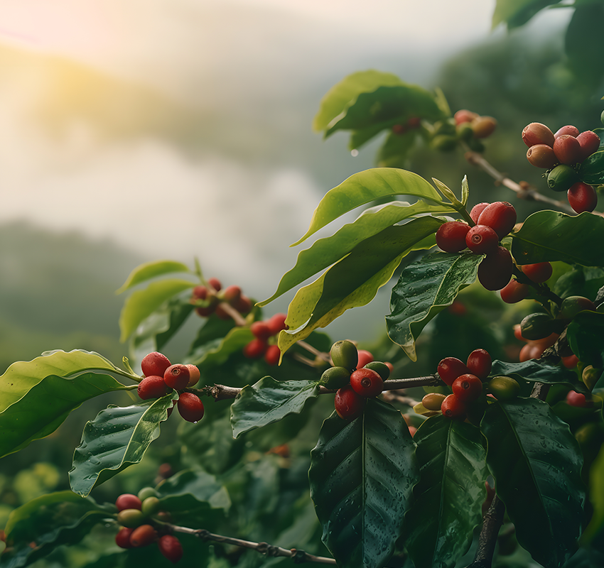 Nahaufnahme einer Kaffeepflanze mit einer verschwommenen Landschaft im Hintergrund